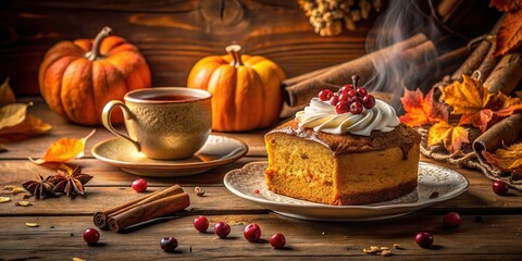 Naklejka premium A Warm Autumn Afternoon with Pumpkin Spice Cake, Tea, and a Touch of Whipped Cream
