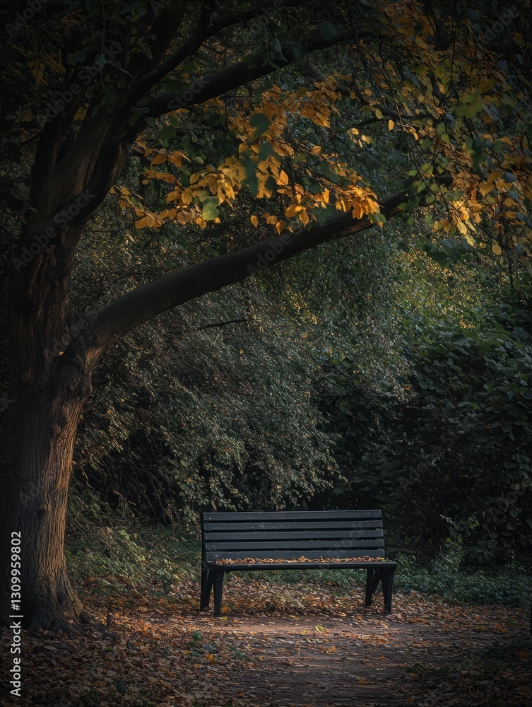 Aufkleber Solitary bench under a tree in a tranquil park setting with fallen leaves and soft autumn light Generative AI