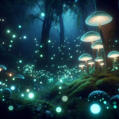 Enchanted Forest Lit by Firefly Mushrooms