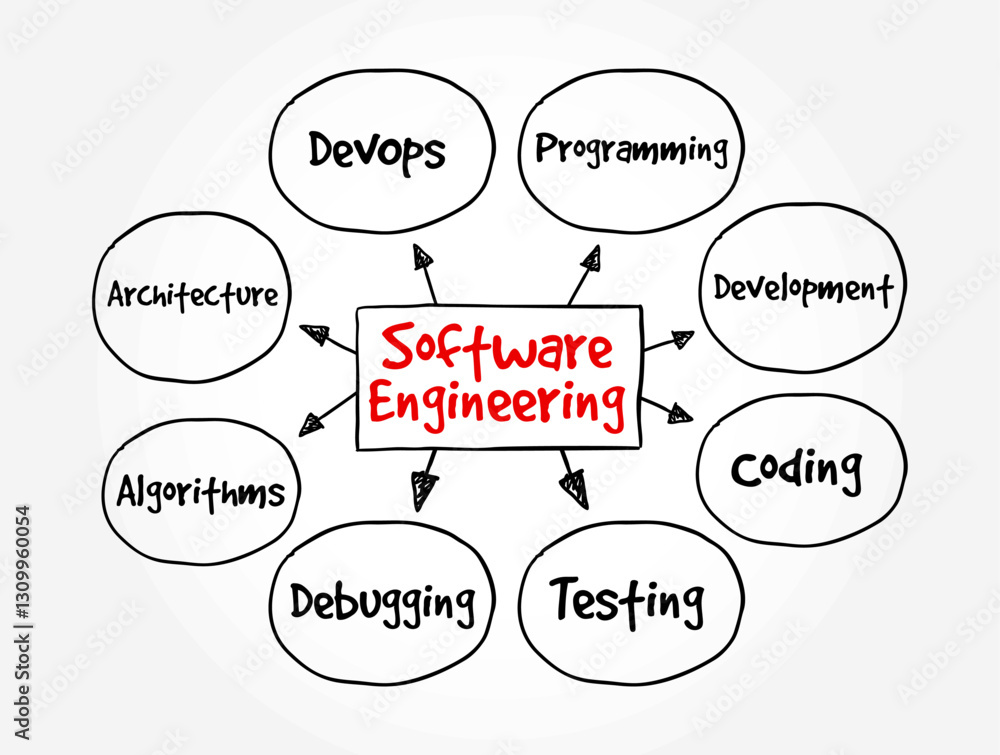 Poster Software Engineering is the systematic approach to designing, developing, testing, and maintaining software applications, mind map text concept background