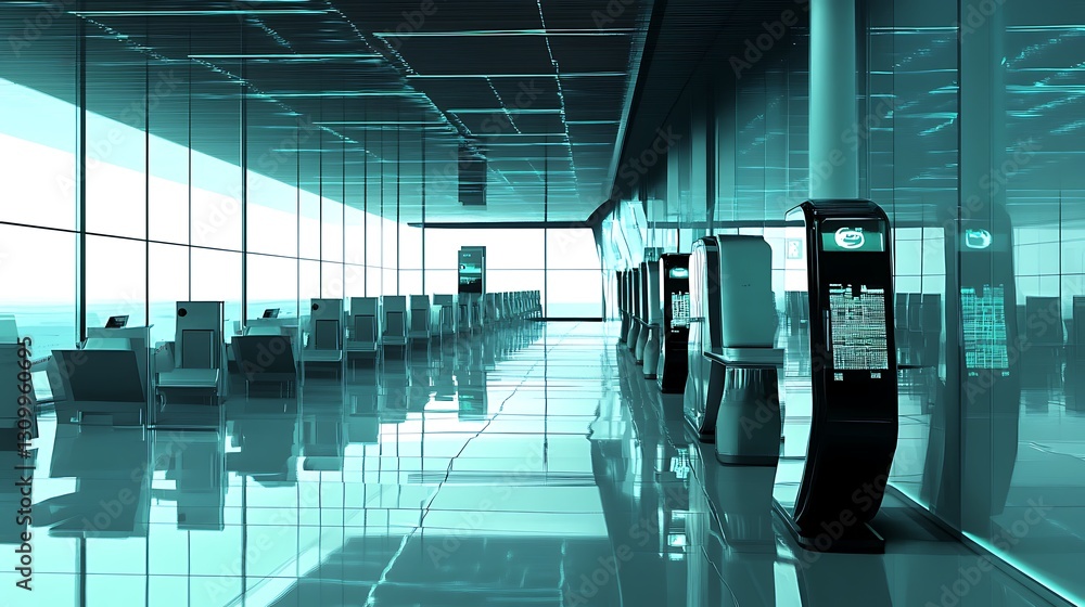 Poster a futuristic airport with automated check-in and facial recognition security