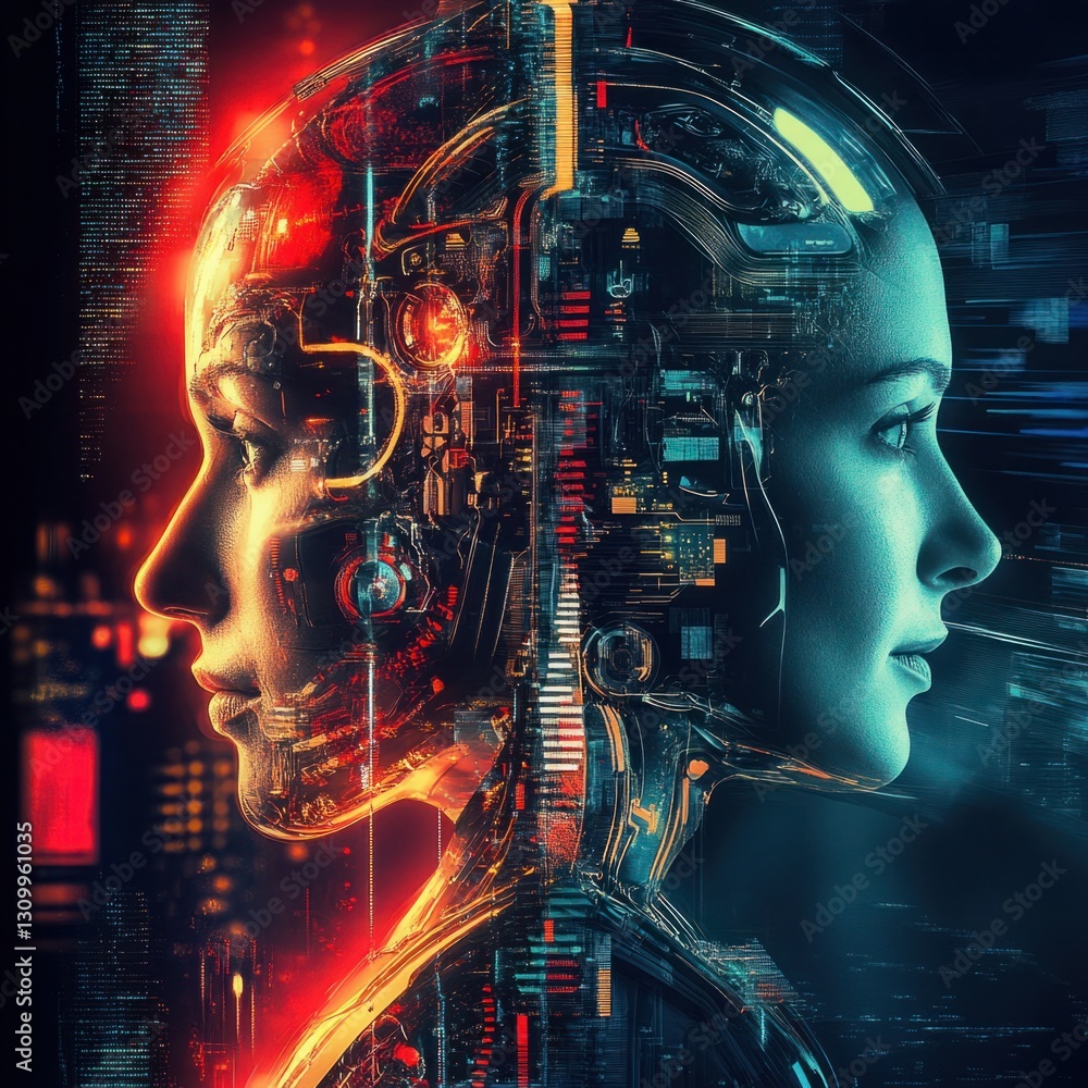 Poster futuristic portrait of a human and a cyborg with neon lights displaying digital information in a glo