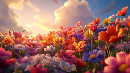 Fototapeta premium A vibrant field of colorful flowers under a beautiful cloudy sky