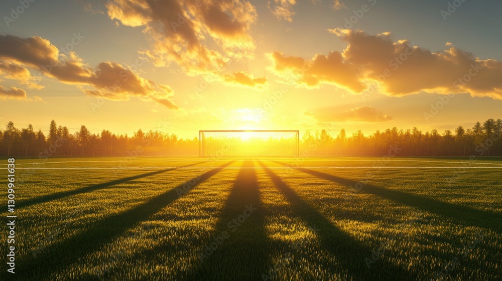Aufkleber stunning sunrise over soccer field creating golden shadows and serene atmosphere for morning play ge