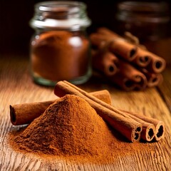 Cinnamon powder, sticks and glass jar in the background