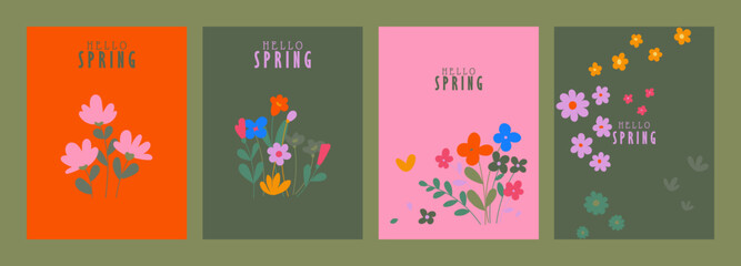 Set of greeting cards / posters in a modern minimalistic style. illustrations of wildflowers, Narcissus flower, Crocus flowers, tulip flower, flowers in vase, bouquet. Hand drawn Floral invitation.