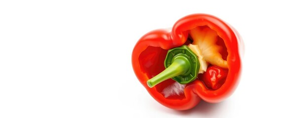 Single vibrant red bell pepper, perfectly isolated on pure white background, vegetarian, vegan