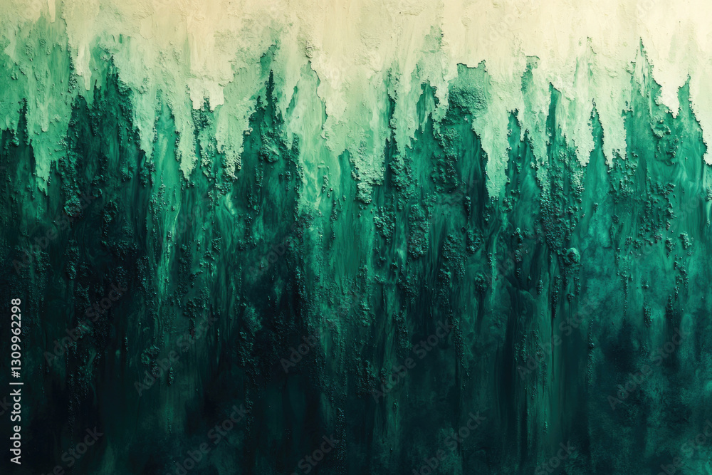 Poster abstract painting depicting a textured, dark green forest scene with a lighter top, evoking depth an
