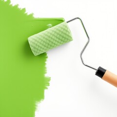 Green Paint Application on White Wall with Roller Brush