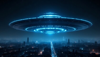 Mysterious Alien Spaceship hovering over a City at Night