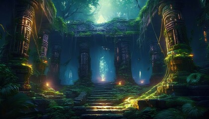 Mysterious ruins covered in greenery bask in serene light, whispering forgotten tales of magic.
