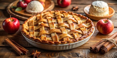 Fototapeta premium A Homemade Apple Pie with a Golden Crust, Baked to Perfection, Surrounded by Fresh Apples and Aromatic Cinnamon Sticks