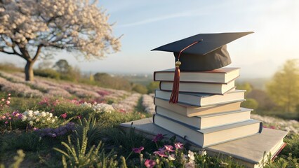 Higher Education, A graduation cap rests atop a stack of books, symbolizing academic achievement and the pursuit of knowledge in a serene outdoor setting. 
