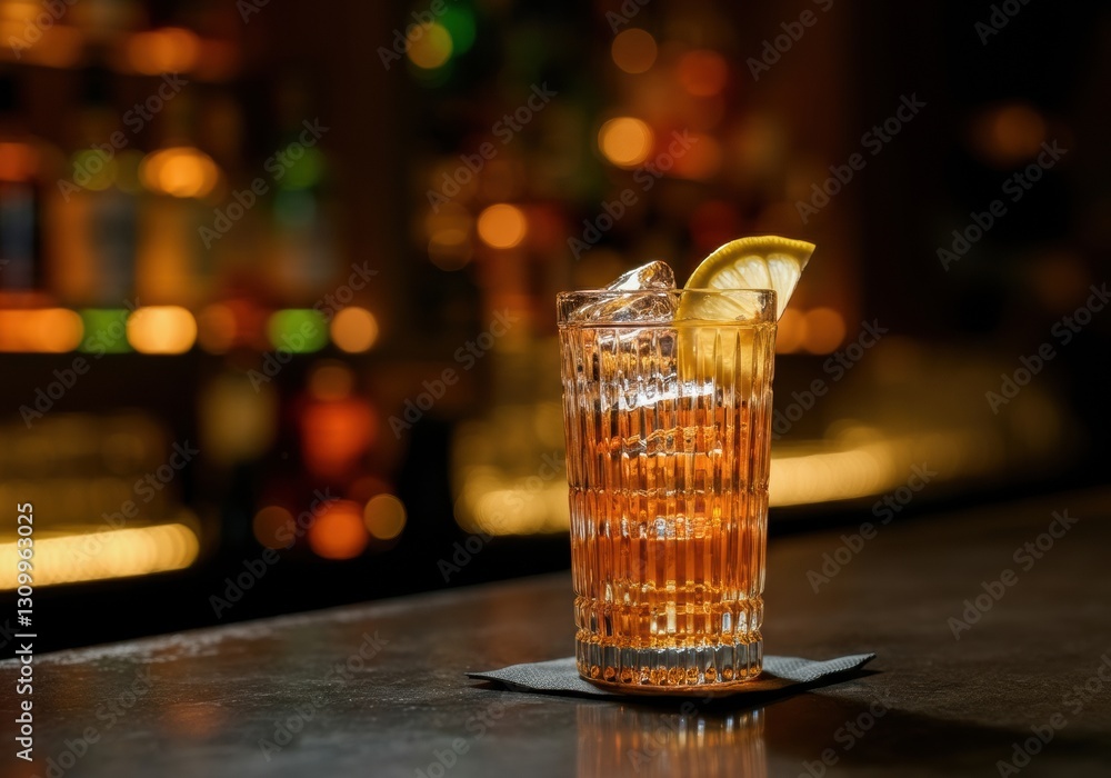 Poster refreshing cocktail with ice and lemon slice on a bar counter