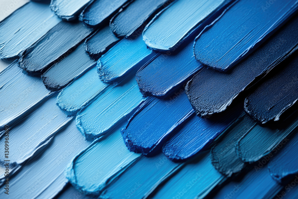 Poster close-up view of overlapping blue paint strokes, showcasing various shades and textures.