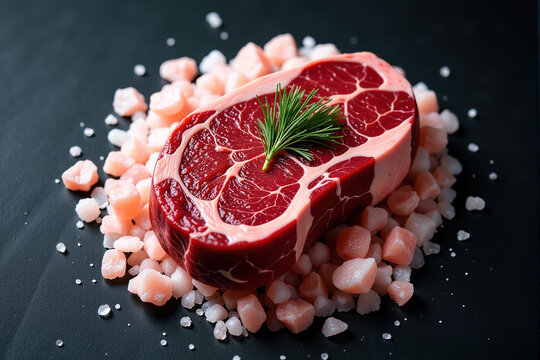 Close-up of a raw beef steak seasoned with Himalayan pink salt. - Powered by Adobe