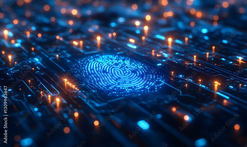 Poster abstract fingerprint scanning on a futuristic circuit board background with glowing lights