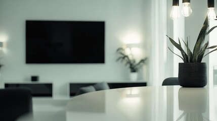 Modern living room, plant on table, TV background, home decor