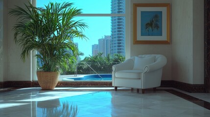 Luxurious lounge with armchair, potted plant, and city view.