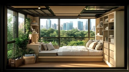 Fototapeta premium Urban Minimalist Bedroom with City View