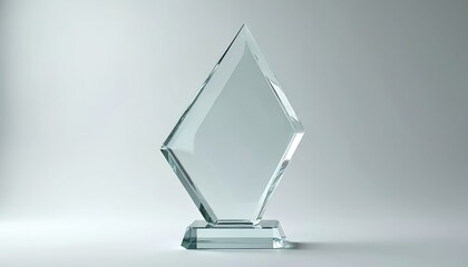3D rendering of arrow-shaped glass trophy with acrylic award design. Transparent crystal plate template. Premium grand prix prize plaque on white background. Victory celebration mockup design.
