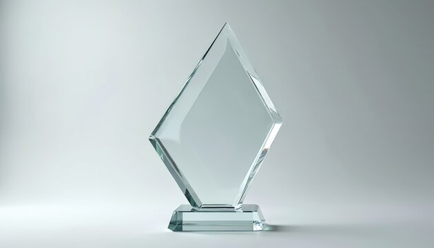 3D rendering of arrow-shaped glass trophy with acrylic award design. Transparent crystal plate template. Premium grand prix prize plaque on white background. Victory celebration mockup design.
