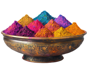 Holi festival of colors Vibrant colored powders in ornate bowl, symbolizing festivals like Holi and the beauty of traditional celebrations. isolated on transparent background Generative Ai.