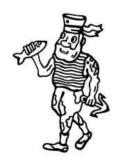 Black and white vector illustration of a sailor in a cap, with an anchor and fish in his hands, on a white isolated background