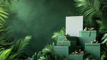 Green gift boxes with gold bows arranged on display among lush green foliage, against a textured green backdrop. Blank space for text or logo, ideal for promotional use
