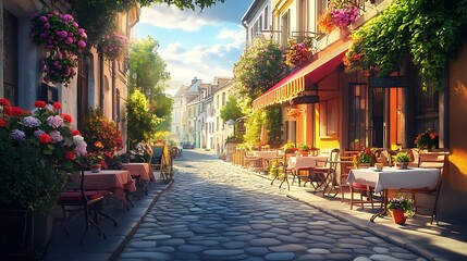 Fototapeta premium Sunny cobblestone street cafe, flowers, European city, tourism