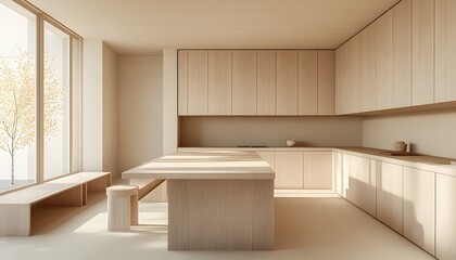Fototapeta premium Minimalist Light Wood Kitchen Island Design