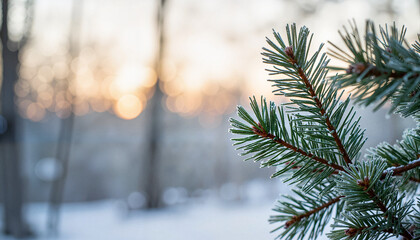 Frosted pine needles glistening in tranquil winter forest, nature's beauty