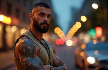 Obraz premium Portrait of muscular bearded man with tattoos in tank top on city street. Athlete in urban setting. Brutal guy with perfect body posing outdoors. Strong male with trendy haircut. Fashion fitness