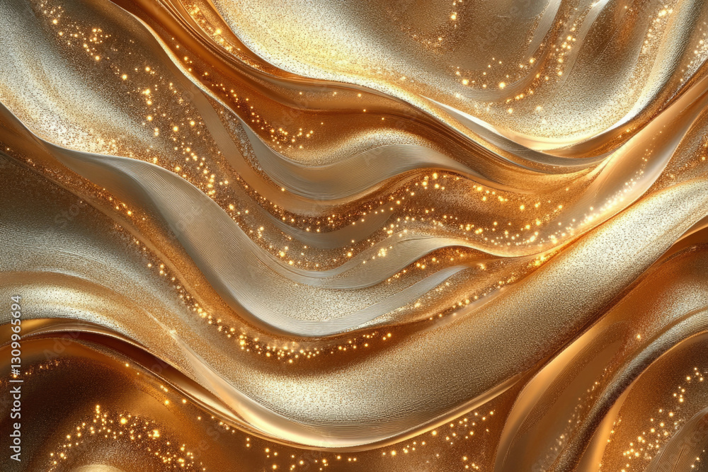 Poster abstract gold and beige fabric waves with sparkling golden particles.