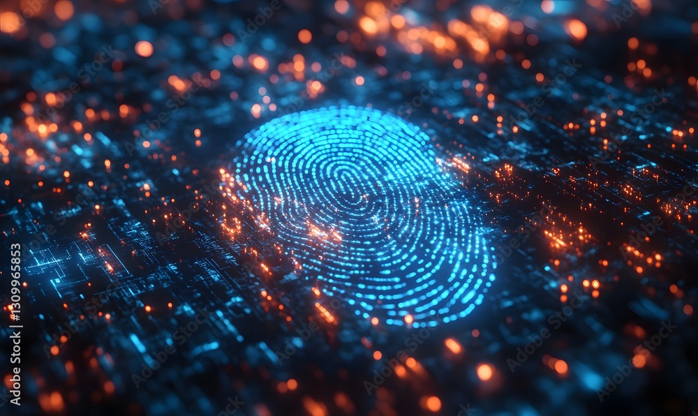 Poster digital fingerprint technology with glowing dots on a dark surface