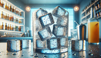 A high-resolution wide-angle image of ice cubes in a cold drink. The drink is served in a transparent glass with condensation on the outside