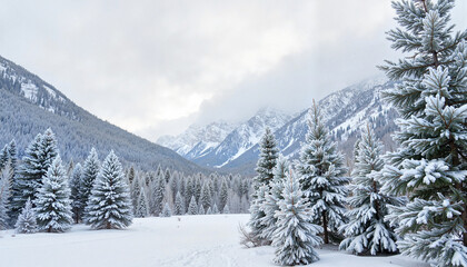 Fototapeta premium Serene winter landscape with frosted pine trees and mountains, tranquility