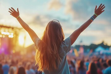 Young woman enjoying at a music festival in the summertime	
