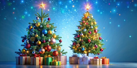 A festive arrangement of two Christmas trees adorned with colorful ornaments and twinkling lights, surrounded by gifts awaiting the joy of the season.