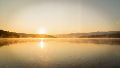 Obraz premium Tranquil dawn at shimmering lake, peaceful morning serenity