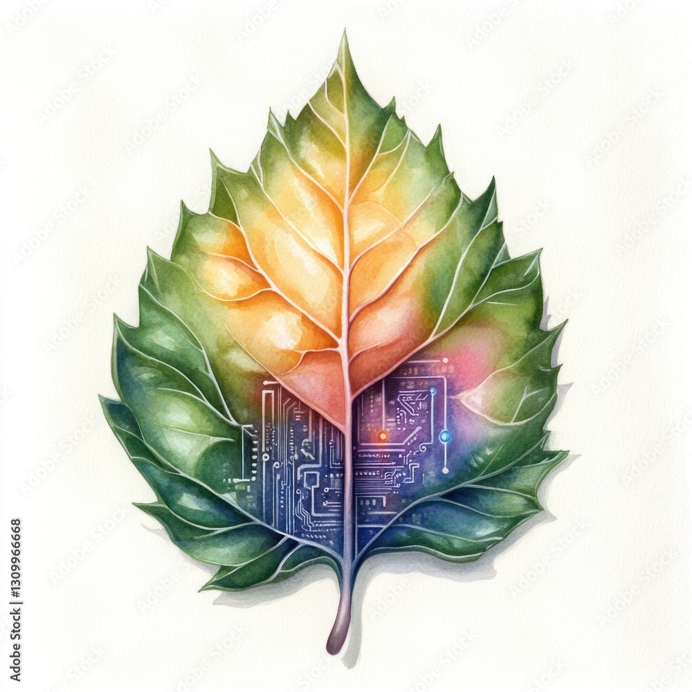 Poster a leaf with intricate circuitry design blending nature and technology in a colorful watercolor style