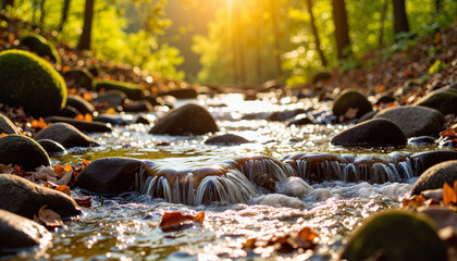 Fototapeta premium Sparkling creek flowing through vibrant forest at sunrise, natural beauty