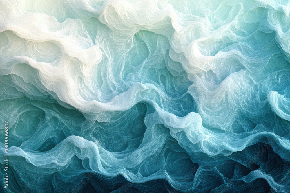 Poster abstract art depicting swirling, translucent teal and white forms resembling flowing water or clouds