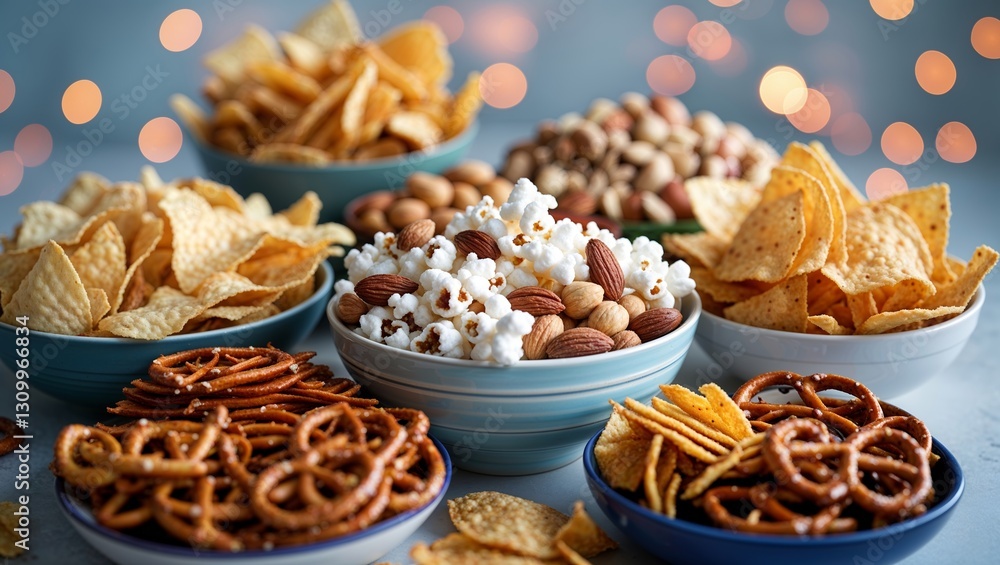 Poster assorted snacks displayed on a table during a festive gathering with soft lights in the background