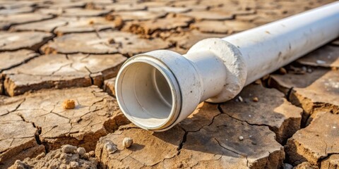 A White PVC Pipe Lies on Cracked Dry Earth, A Symbol of Droughts and Water Shortages