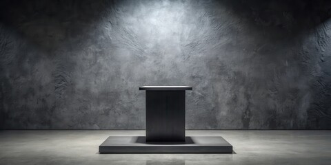 A minimalist display with a dark platform standing against a rough textured wall, illuminated by a single spotlight