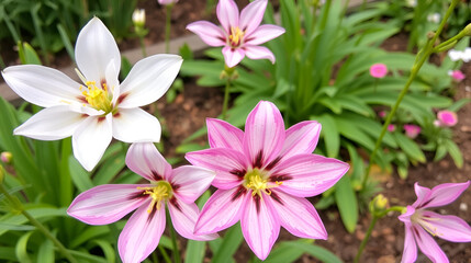 Flowers white and pink hybrid aquilegia growing in the garden.