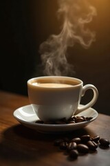 Steaming coffee with a few coffee beans in the background, in background, aromatic