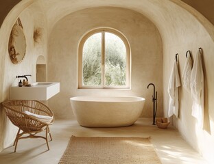 Modern minimalist bathroom with freestanding tub, arched window, and natural textures.