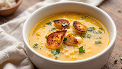 Delicious French onion soup in white bowl, warm comfort food